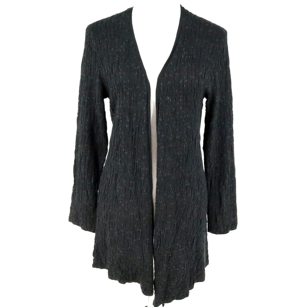 Eileen Fisher Sweater Womens Medium Black Silk Blend Long Cardigan Open Front